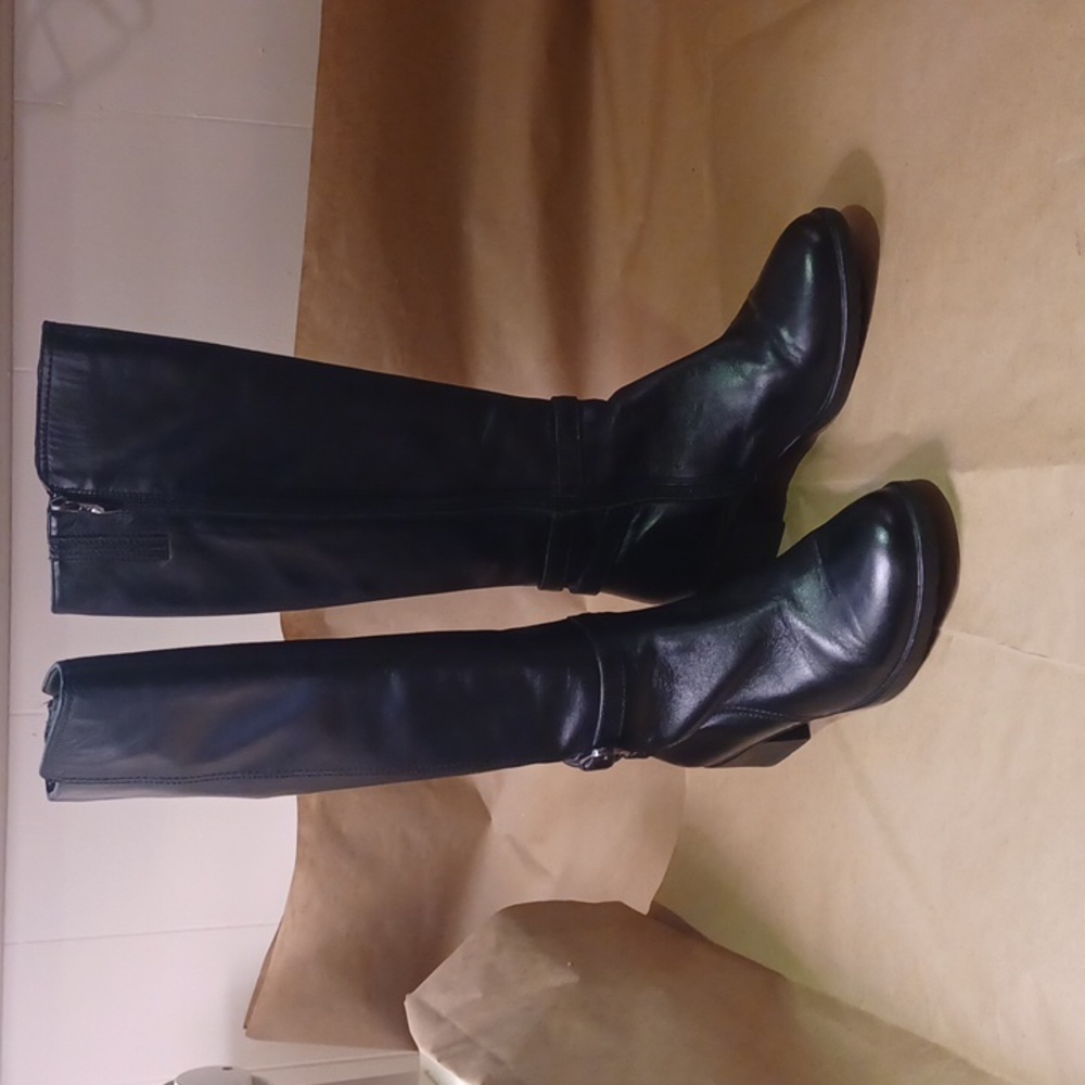 HARSON women's glossy black faux-leather tall size 8.5 boots 2 in heel